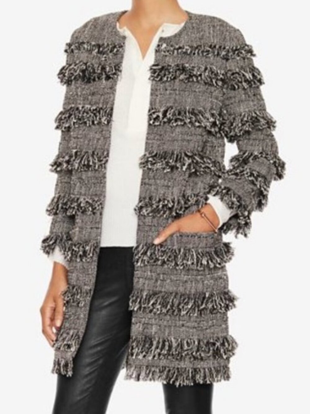 Womens Intermix Black White (Item-59) Tweed Fringed Jacket Coat M